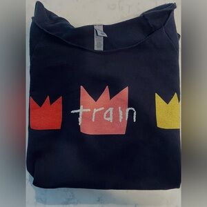 train concert merch souvenir black sweatshirt with crown design on front & arms